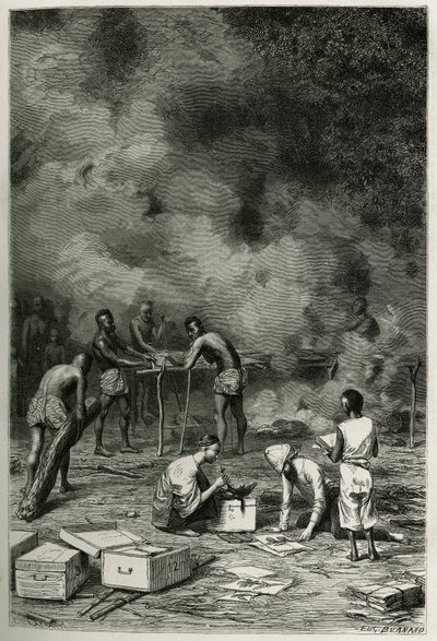 El secado de plantas de herbario, en grandes bandejas de bambú, antes de que el doctor las clasifique y las guarde en sus cajas, grabado por Eugene Burnand, para ilustrar la historia de Laos y las poblaciones salvajes de Indochina por el Doctor Harmand, en de Eugene Burnand