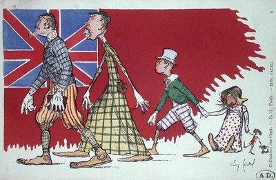 Postal con una caricatura de una familia británica de Eugene Cadel