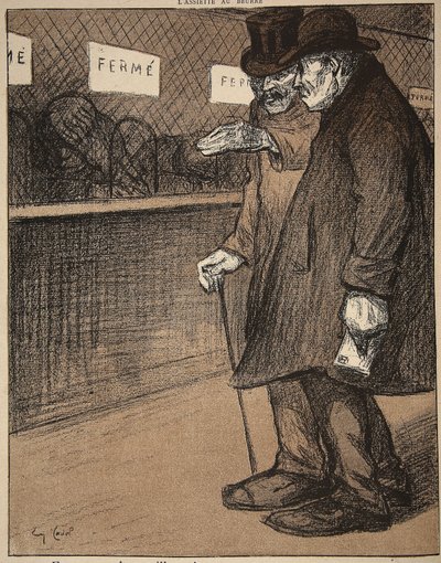 Dos caballeros ancianos caminando frente a mostradores cerrados, ilustración de 