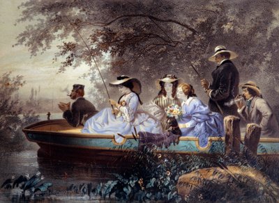 Un domingo con la familia, pescando en el río de Eugene Charles Francois Guerard