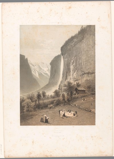 Picnic con vistas a la cascada de Staubbach Le Staubbach (título sobre objeto) La Suisse et la Savoie (título de la serie) Rostros en Suiza y Saboya (título de la serie sobre el objeto) de Eugene Ciceri