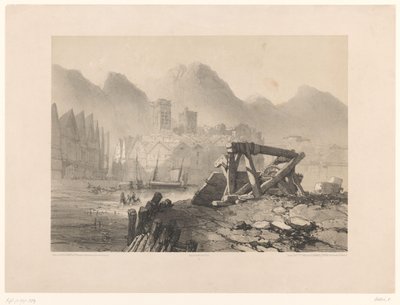 Paisaje urbano con puerto y montañas. de Eugene Ciceri