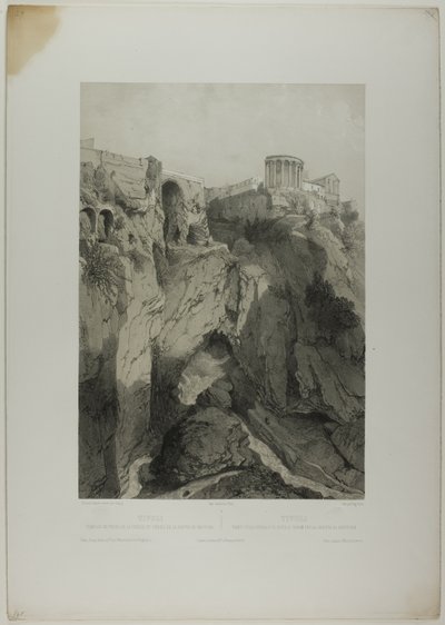 Tívoli: Los templos de Vesta y la Sibila, y las ruinas de la Gruta de Neptuno, lámina diecinueve de Italie Monumentale et Pittoresque de Eugene Ciceri
