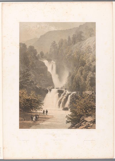 Excursionistas con vistas a la cascada de Reichenbach Chateau inferior du Reichenbach (título sobre objeto) Rostros en Suiza y Saboya (título de la serie) La Suisse et la Savoie (título de la serie sobre el objeto) de Eugene Ciceri