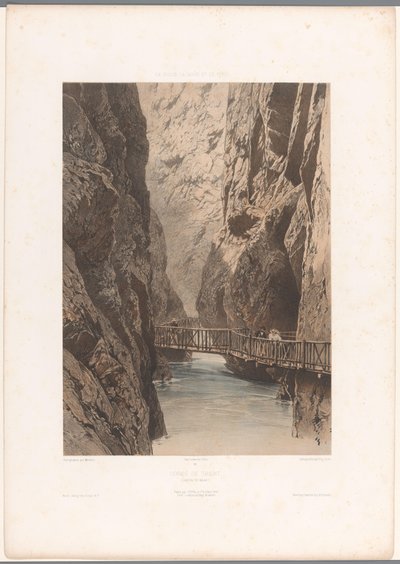 Excursionistas en un puente a través del Trientschlucht Garganta de Trient (título sobre objeto) Rostros en Suiza, Saboya y Tirol (título de la serie) La Suisse, la Savoie et le Tyrol (título de la serie sobre el objeto) de Eugene Ciceri