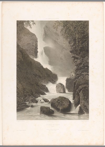 Vista de la cascada de Chède Cascade de Chède (título sobre objeto) La Suisse et la Savoie (título de la serie) Rostros en Suiza y Saboya (título de la serie sobre el objeto) de Eugene Ciceri