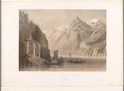 Vista de la capilla Tells en el lago de Lucerna La Chapelle de G.me Tell et le lac des Quatre-Cantons (título sobre el objeto) Rostros en Suiza, Saboya y Tirol (título de la serie) La Suisse, la Savoie et le Tyrol (título de la serie sobre el objeto) de Eugene Ciceri