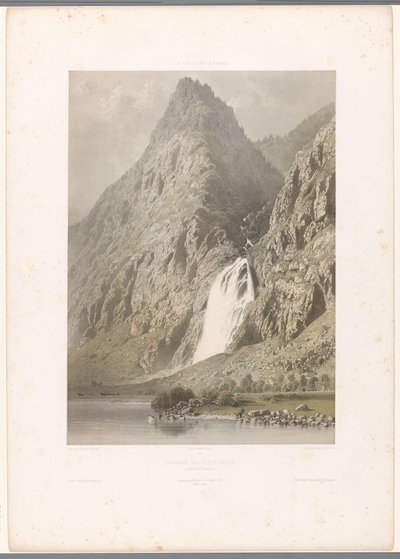Vista de la cascada de Pissevache Cascade de Pissevache (título sobre objeto) Rostros en Suiza y Saboya (título de la serie) La Suisse et la Savoie (título de la serie sobre el objeto) de Eugene Ciceri