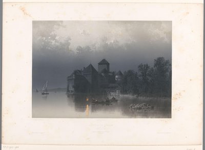 Vista del castillo de Chillon en el lago de Ginebra Château de Chillon (título sobre el objeto) Rostros en Suiza y Saboya (título de la serie) La Suisse et la Savoie (título de la serie sobre el objeto) de Eugene Ciceri