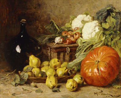 Naturaleza muerta con jarra de vino, una cesta, peras, cebollas, coliflores, coles, ajo y una calabaza de Eugene Claude