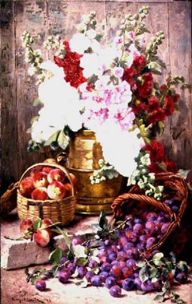Naturaleza muerta con flores en una urna de bronce y frutas en cestas de Eugene Claude