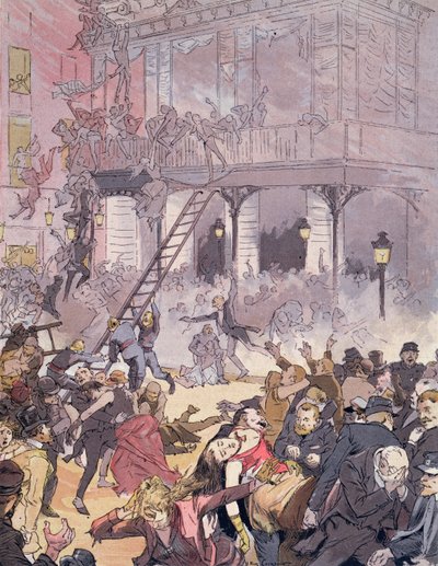 Incendio en la Ópera Cómica, 25 de mayo de 1887 (litografía en color) de Eugene Courboin
