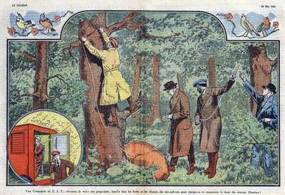 Una compañía de T.S.F. instala micrófonos en los bosques y campos para grabar y transmitir el canto de los pájaros. Ilustración de Damblans en “Le Pelerin” del 21 de mayo de 1933. de Eugene Damblans