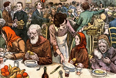Un banquete para los pobres (caridad - comité de caridad - alivio católico - sopa - dama patrona). El día de Navidad de 1927, el Cardenal Ferrari (dirigido en París por el Abad Rivota) organizó una misa para los pobres, seguida de un banquete cubierto de 2 de Eugene Damblans