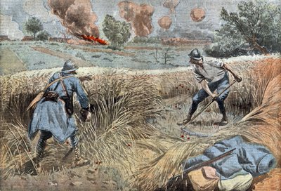 Un artillero francés siega el trigo para matar alemanes, dibujo de Damblans del periódico francés "Le Pelerin" 30 de junio de Eugene Damblans