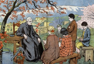 Un sacerdote y jóvenes que van a tomar su comunión, en un jardín, dibujo de Damblans del periódico "Le Pelerin" 17 de mayo de Eugene Damblans