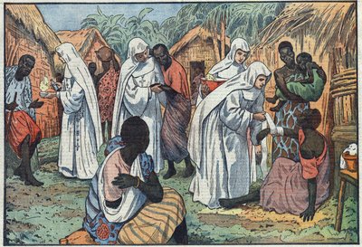 Sobre la inauguración, en el Palacio de Letrán, en Roma, de los Museos de las Hermanas Blancas en un pueblo de África Ecuatorial donde catequizan y cuidan a los enfermos. Ilustración de Damblans. En "Le Pelerin" del 29 de enero de Eugene Damblans