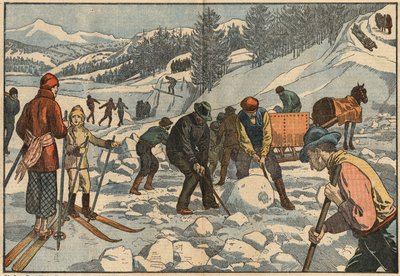 Habitantes alpinos recolectan bloques de hielo en invierno para el verano. Al fondo, hombres practican deportes de invierno. Ilustración de Damblans. En “Le Pelerin” del 18 de diciembre de Eugene Damblans