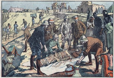 Una misión inglesa, encargada por el conde Byron de Prorok (1896-1954), arqueólogo, descubrió la tumba de Tin-Hahan en el Hoggar. Ilustración de Damblans. En "Le Pelerin" del 20 de diciembre de 1925. de Eugene Damblans