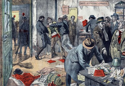 Benito Mussolini realizó arrestos masivos de comunistas en Trieste, Italia en febrero de 1923; búsqueda en las oficinas del periódico “Lavoratore”. Dibujo de Damblans en “Le Pèlerin” de 1923 de Eugene Damblans