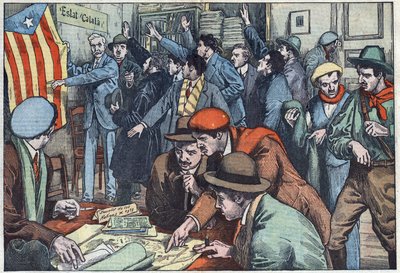 Los separatistas catalanes preparan su complot en París. Ilustración de Damblans. En "Le Pelerin" del 28 de noviembre de Eugene Damblans
