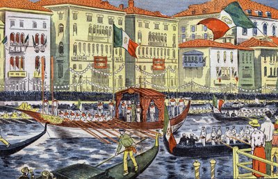 Celebración en Venecia en honor al príncipe y la princesa de Piamonte, dibujo de Damblans del periódico "Le Pelerin" 25 de septiembre de Eugene Damblans