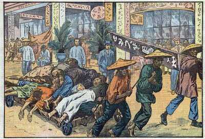 Guerra civil entre nacionalistas y comunistas en China: después de los disturbios comunistas en Cantón, los cadáveres de las víctimas se apilan en carros. Ilustración de Damblans. En “Le Pelerin” del 4 de marzo de Eugene Damblans