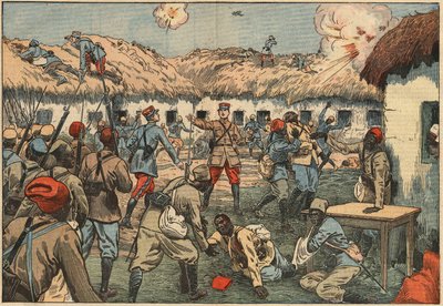 Tropas coloniales desbloquearon el puesto de Aoulay (Aoulai) en Marruecos bajo el mando del Capitán Duboin. Ilustración de Damblans. En "Le Pelerin" del 7 de junio de Eugene Damblans