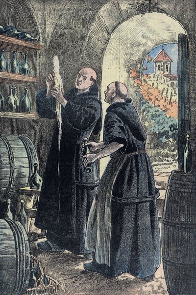 Dom Pierre Perignon (1639-1715), monje benedictino, inventor del proceso de elaboración del champán. Ilustración de Damblans. de Eugene Damblans