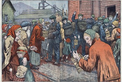 Tras la explosión en la mina de Cwn (Gales), las mujeres de los mineros llevaron sus canarios para rescatar el grisú. Ilustración de Damblans. En "Le Pelerin" del 20 de marzo de Eugene Damblans