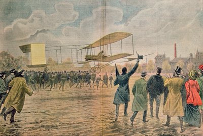 Henri Farman (1874-1958) en Issy-les-Moulineaux en su avión Voisin-Farman 1, ilustración de 