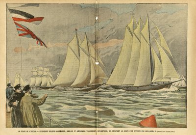La copa del océano. Varios veleros alemanes, ingleses y americanos cruzan el Atlántico, compitiendo por la copa de oro ofrecida por Guillermo II de Eugene Damblans