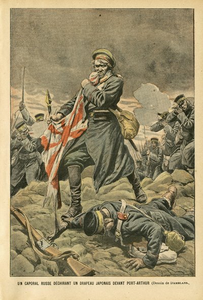 Ilustración de Eugene Damblans (1865-1945) en Le Pelerin, 01/01/05 - Un cabo ruso rasgando una bandera japonesa frente a Port Arthur - Rusia, Japón, Port Arthur, Guerra Ruso-Japonesa, Combate, Fusiles - Soldados, Cabo de Eugene Damblans