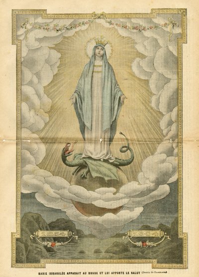 Ilustración de Eugene Damblans (1865-1945) en Le Pelerin, 04/12/04 - María inmaculada aparece al mundo y le trae la salvación - Religión Fe, Católico Catolicismo - Inmaculada concepción - María, Dragón - Nubes - Tierra de Eugene Damblans