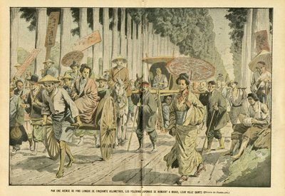 Ilustración de Eugene Damblans (1865-1945) en Le Pelerin, 09/04/05 - Por una avenida de pinos de cincuenta kilómetros, peregrinos japoneses van a Nikko, su ciudad santa - Religión Fe, Japón, Moda, Árbol, Nikko - Peregrinaciones de Eugene Damblans
