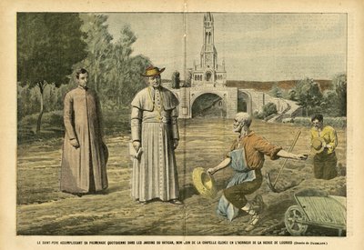 Ilustración de Eugene Damblans (1865-1945) en Le Pelerin, 20/08/05 - El Santo Padre realizando su paseo diario en los jardines del Vaticano, no lejos de la capilla levantada en honor de la Virgen de Lourdes - Religión Fe, Agricultura, Vaticano, Católico de Eugene Damblans