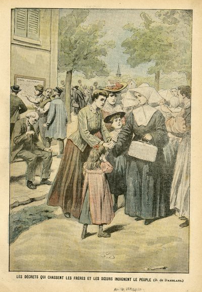 Ilustración de Eugene Damblans en Le Pelerin, 24/07/04 - Decretos que expulsan a hermanos y hermanas indignan al pueblo de Eugene Damblans