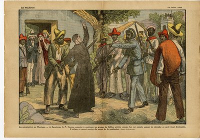 Ilustración de Eugene Damblans (1865-1945) en Le Pelerin, 24/07/27 - Persecuciones en México - Religión Fe, Revolución, México, Catolicismo - Confesional Confesión - Curas de Eugene Damblans