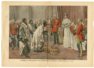 Ilustración de Eugene Damblans (1865-1945) en Le Pelerin, 26/08/06 - El Rey Eduardo y la Reina de Inglaterra... - América USA, Inglaterra Gran Bretaña, Visita Oficial - Eduardo VII (1841-1910), Victoria, Indios Amerindios de Eugene Damblans