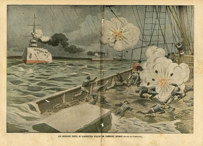 Ilustración de Eugene Damblans (1865-1945) en Le Pelerin, 28/02/04 - Los cruceros rusos de Vladivostok hunden un transporte japonés - Ejército, Marina Marítima, Guerra Ruso-Japonesa, Buques de Guerra, Vladivostok - Marineros de Eugene Damblans