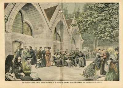 Ilustración de Eugene Damblans (1865-1945) en Le Pelerin, 28/08/04 - En las piscinas de Lourdes, en estos días de peregrinaciones y oraciones, cientos de pacientes piden por su guerra - Medicina, Fe Religiosa, Arquitectura Urbanística, Catolicismo de Eugene Damblans