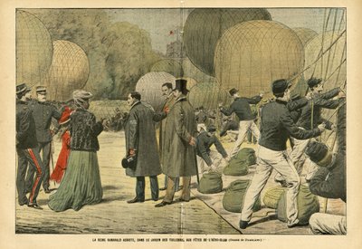 Ilustración de Eugene Damblans (1865-1945) en Le Pelerin, 29/10/05 - La reina Ranavalo asiste, en el Jardín de las Tullerías, a la fiesta del Aero-Club - Globos dirigibles zeppelines aerostación, París, Madagascar, Jardín Público, Soberanos Extranjeros, Tu de Eugene Damblans