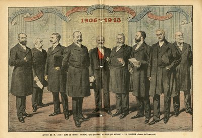 Ilustración de Eugene Damblans (1865-1945) en Le Pelerin, 31/12/05 - Alrededor de M. Loubet dona los términos finales, algunos de los que aspiran a sucederlo - Elecciones, Presidente de la República - Combes Emile (1835-1921), Doumer Paul (1857-1932), Rouv de Eugene Damblans