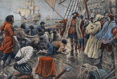 Ilustración de la tripulación de Fernando de Magallanes jurándole lealtad en una cruz tras un motín fallido - Fernando de Magallanes (1480-1521), navegante portugués, calma una sedición de su tripulación y después de perdonarlo le hace jurar lealtad. de Eugene Damblans