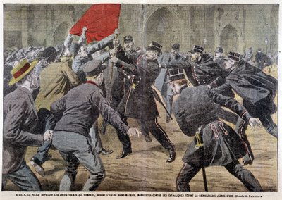 En Lille, la policía repele a los anticlericales que vienen, frente a la iglesia de San Mauricio, a protestar contra los católicos que celebran a Juana de Arco - dibujo de Damblans, en “Le Pèlerin” de Eugene Damblans