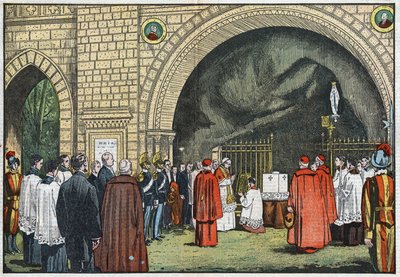 Frente a la "Gruta de Lourdes", en los jardines del Vaticano, el Papa Pío XI bendijo la primera piedra del Colegio de Propaganda que se levantaría en el Janículo. Ilustración de Damblans. En "Le Pelerin" del 3 de junio de Eugene Damblans
