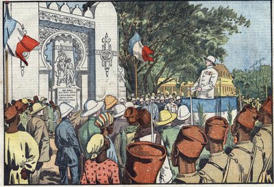 Inauguración en Dakar, por André Maginot (1877-1932), Ministro de Colonias, del monumento a los treinta mil muertos de África Occidental Francesa. Ilustración de Damblans. En "Le Pelerin" del 10 de marzo de Eugene Damblans