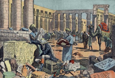 Jean Francois Champollion (1790-1832), egiptólogo francés, estudiando una inscripción entre las columnatas de Tebas. Grabado de 1923. Dibujo de Damblans de Eugene Damblans