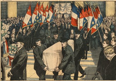 Funeral de Maurice Ridart, asesinado por policías en la iglesia de La Madeleine en París. Las banderas de los Jóvenes Patriotas saludan su ataúd. Ilustración de Damblans. En "Le Pèlerin" del 18 de abril de Eugene Damblans