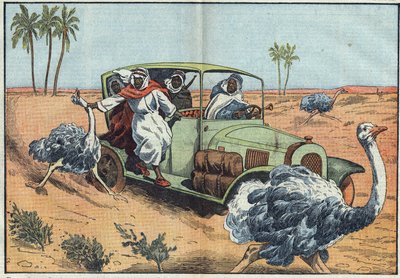 Caza moderna: En el desierto árabe, beduinos ricos conducen a jóvenes austriacos para capturarlos vivos. Ilustración de Damblans. En “Le Pelerin” del 16 de abril de Eugene Damblans